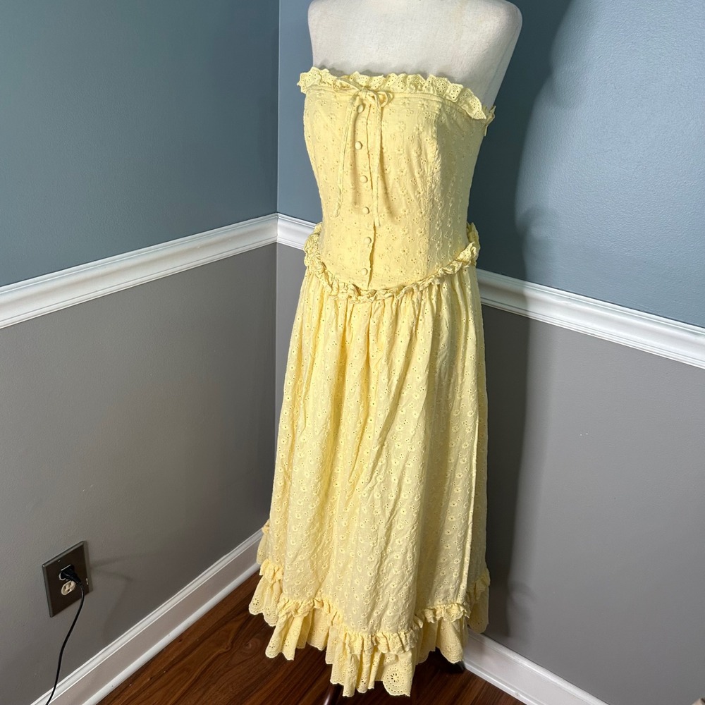Altar'd State Yellow Eyelet Strapless Maxi Dress Smocked Ruffle ASWD-261-009 L - Picture 3 of 11